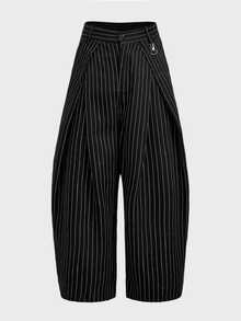 NORVETH Celana Panjang Pria Motif Garis-Garis Tipis dengan Lipatan, Saku, dan Kancing, Potongan Longgar - Hitam - View 3