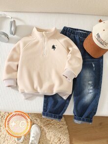 SHEIN Young Boy Casual Comfortable Thick Fleece Pony Pattern Stand Collar Sweatshirt, Autumn/Winter - Apricot - View 4