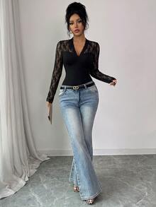 SHEIN Elenzya Contrast Lace Sheer Cup Detail V Neck Top - Black - View 5