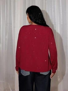 Rustia Plus Size V-Neck Sexy Casual Comfortable Long Sleeve T-Shirt With Cross-Front Knot Detail, Early Autumn - Burgundy - View 3