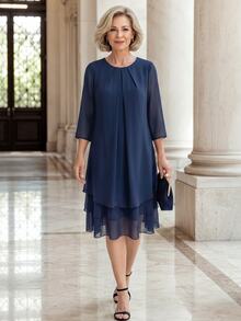 EMERY ROSE Middle-Aged Women Solid Color Round Neck Pleated Design Multi-Layer Ruffle Hem Casual Loose Fit Dress - Navy Blue - View 5