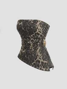 Sweetra Women's Denim Animal Print Bandeau Top - Multicolor - View 1