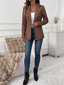 SHEIN Clasi Women's Plaid Lapel Neck Long Sleeve Casual Blazer - Rust Brown - View 3