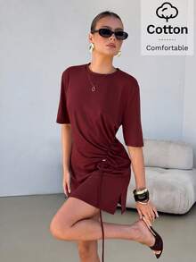 Lavishia 女款優雅修身抓皺寬鬆舒適純棉上衣，適合休閒度假 - 酒紅色 - 查看 7