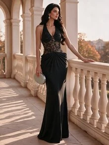 Coutiva Women's Lace Ruched Waist Halter Neck Formal Evening Gown Dress - Black - View 1