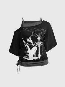 ROMWE Grunge Punk Punk Rock Plus Size Women's Cold Shoulder T-Shirt, Cross & Wings Print Asymmetrical Drawstring Design, Punk Music Festival Top - Grey - View 1