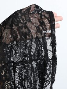Cravure Plus Size Cold Shoulder Ruffle Floral Lace Mermaid Long Dress, Transparent Cape Sleeve Slim Fit Elegant Evening Party Gown - Black - View 7