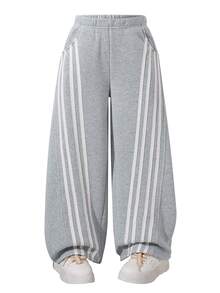 SHEIN Tween Girls Grey Sweatpants With Striped Design, Casual Fashion Creative Personalized - Grey - View 3