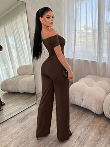 SHEIN SXY 女款露肩短袖修身純色優雅連身褲 - 咖啡棕 - 查看 2