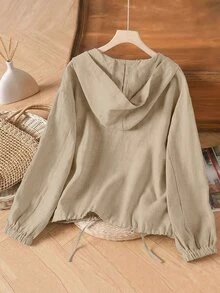 Linhara Plus Size Women's Casual Faux Linen Hooded Jacket - Khaki - View 2