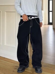 STEELVANCE 男士美式嘻哈街頭風大口袋設計字母印花黑色水洗丹寧直筒寬鬆牛仔褲 - 黑色 - 查看 2