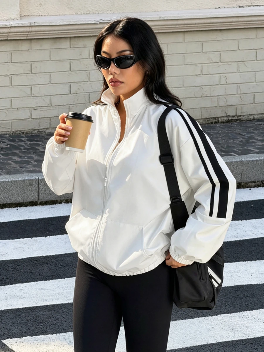 Muchica Women's White Striped Patchwork Stand Collar Zip Up Loose Fit Sports Jacket Gym Jacket Workout Jacket Running Jacket Sportswear Activewear Windbreaker - White - View 1
