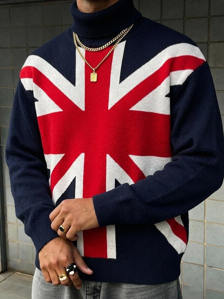 Manfinity EMRG Men's Union Jack Pattern High Neck Long Sleeve Casual Sweater, Autumn/Winter, For Going Out Holiday, Friends - Multicolor - View 1