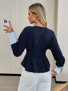 Easowa Casual Relaxed Elegant Commute Women's Shirt, Traceable Cotton Colorblock Patchwork Waist-Cinching Ruffle Hem Blouse - Blue - View 8