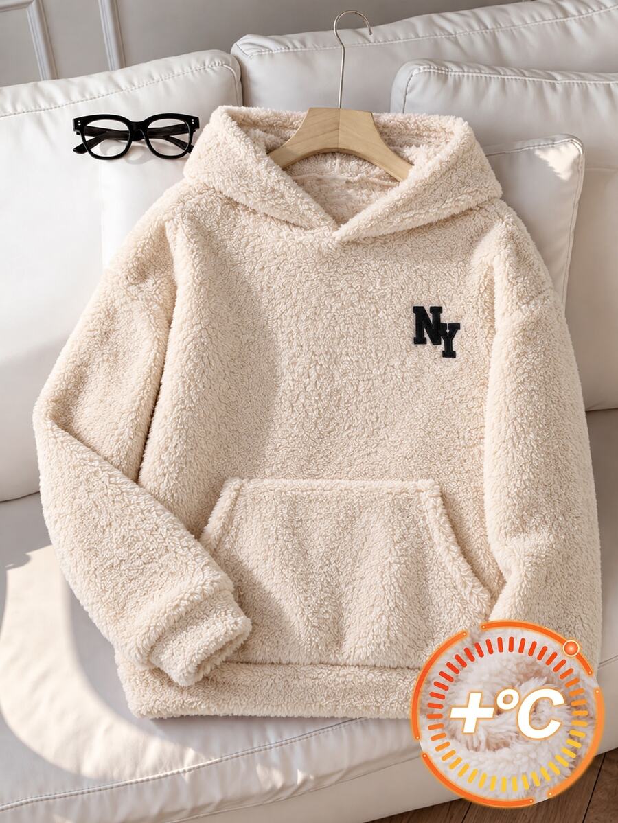 男童秋冬加厚珊瑚絨連帽衛衣,美式 NY 字母刺繡,套頭式寬鬆休閒上衣,附袋鼠口袋,適合日常穿著與外出穿搭 - 杏色 - 查看 1
