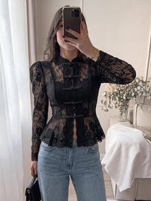 Serisse Women's Lace Frog Button Placket Ruffle Hem Blouse - Black - View 11