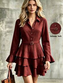 SHEIN Spring Coffee-Colored Long Sleeve Dress, Flared Sleeves With Multi-Layered Ruffle Hem And Waist Belt, Elegant Style, Suitable For Graduation, Christmas, Commuting, Vacation And Other Occasions. Women's Elegant Dress - Coffee - View 7