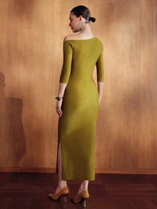 MOTF PREMIUM FASHIONABLE CINCHED WAIST ASYMMETRICAL SHOULDER TWO-WAY WEAR RUCHED SLIT STRAIGHT DRESS FOR WOMEN - Yellow - View 3