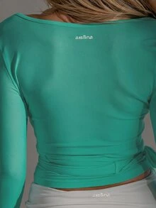 Aralina 女款極簡純色交叉包覆拇指孔運動T恤與背心，健身房運動夏季休閒世界盃球迷穿搭 - 薄荷綠 - 查看 3