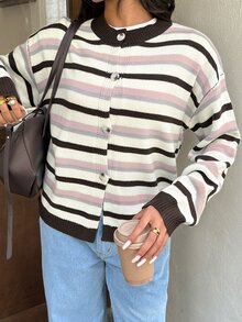 Autumina Women's Gentle Style Contrast Color Striped Cardigan Sweater, Autumn/Winter - Multicolor - View 5