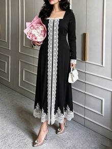 Modelyn Black Knitted Dress With Lace Trim, Elegant Fashionable Celebrity Style, Slim Fit Long Sleeve Dress, Plus Size - Black - View 5