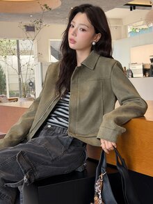 K-Vae Women's Green Suede Jacket, Cropped Fit, Autumn/Winter Jacket - Army Green - View 4