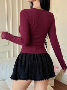 DAZY 春/夏修身顯瘦優雅蕾絲拼接情人節派對白色長袖女款T恤 - 酒紅色 - 查看 2