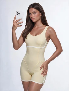 Eassivo Eassivo Women's Yellow & White Colorblock Square Neck Sleeveless Comfortable Slim Fit Athletic Jumpsuit - Multicolor - View 1