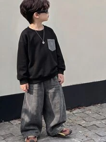2件組兒童小男孩休閒街頭風韓式雪花與大字母印花連帽長袖衛衣與純色鬆緊腰運動長褲套裝，適合返校、生日、嬰兒洗禮、節日派對，秋冬穿著 - 彩色 - 查看 3