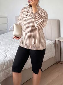 SHEIN EZwear 大尺碼女款格紋立領夾克，都市文藝街頭風，休閒時尚，創意個性街頭穿搭秋季款 - 彩色 - 查看 5