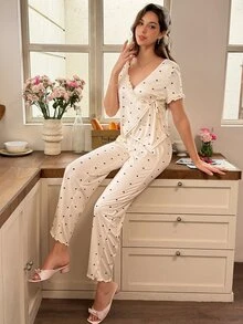 Snug Reverie Romantic Frill Trim Heart Print Side Tie V-Neck Short Sleeve Long Pants Women's Pajama Set - Apricot - View 7