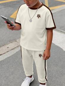 青少年男孩休閒舒適時尚極簡圓領短袖T恤與長褲套裝 - 彩色 - 查看 5