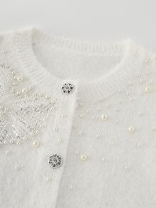 INAWLY Women's Faux Mink Fur Knit Cardigan With Heavy Rhinestone Bow, Faux Pearl And Beaded Embellishments - White - View 4