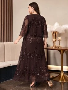 SHEIN Clasi 大尺碼亮片時尚奢華披肩洋裝 - 咖啡棕 - 查看 3
