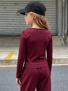 DAZY Tween Girl) Red Fitted Long Sleeve Half-Placket Inner Layer Crew Neck T-Shirt, Autumn - Burgundy - View 2