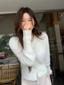 DAZY Women's Solid Color Casual Long Sleeve Cardigan, Autumn/Winter - White - View 9