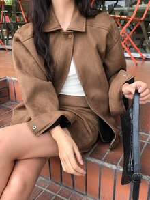 DAZY Women's Solid Color Lapel Casual Jacket And Skirt 2 Pieces Set, Korean Style Spring/Summer - Coffee Brown - View 4