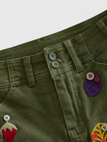 ROMWE Y2K Kawaii Caterpillar Embroidered Low Waist Mini Denim Skirt For Women - Army Green - View 3