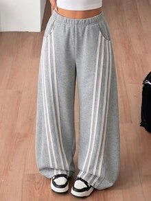 SHEIN Tween Girls Grey Sweatpants With Striped Design, Casual Fashion Creative Personalized - Grey - View 4
