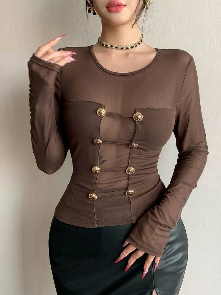 DAZY Women's Brown Sheer Lace & Mesh Top With Metal Buckle Patchwork, Sexy Wedding Banquet Party Blouse For Summer And Autumn - Brown - View 2
