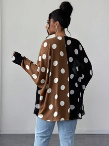 Maweii Blus Lengan Panjang Seksi Wanita Ukuran Plus dengan Motif Polkadot Blok Warna, Belahan Transparan, dan Lengan Kelelawar. - MultiWarna - View 2