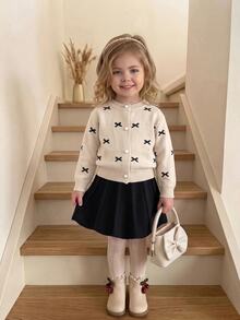 Baby Girl Round Neck Bow Faux Pearl Button Decor Long Sleeve Sweater And Autumn Skirt Set - Khaki - View 6