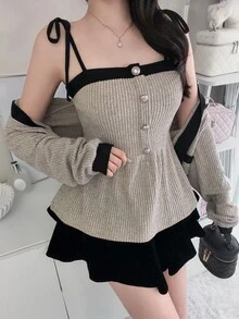 FRIFUL Women's Contrast Trim 3D Button Decor Camisole Top And Casual Loose Cardigan 2 Pieces Set - Apricot - View 7