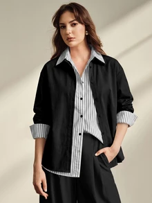Anewsta 女款新款復古學院風休閒慵懶通勤條紋拼接 2 合 1 Polo 領長袖落肩襯衫 - 黑色 - 查看 2