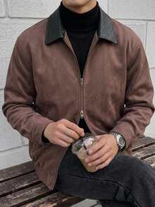 DAZY 秋冬款純色棕色麂皮絨拼接領紋理PU面料男士夾克大衣 - 鏽棕色 - 查看 7