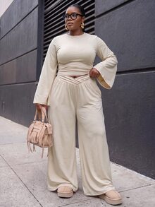 Slaydiva Beige 2 Pieces Set Plus Size Wide Leg Pants Outfit With Draped Batwing Sleeve Top And Criss-Cross Waist Design Wide Leg Long Pants Fall - Apricot - View 5