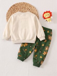 嬰兒幼兒圓領休閒舒適套裝，經典可愛動物巡邏車印花，經典卡通手繪動物、豹、虎、長頸鹿、越野車印花，適合秋冬穿著 - 彩色 - 查看 4