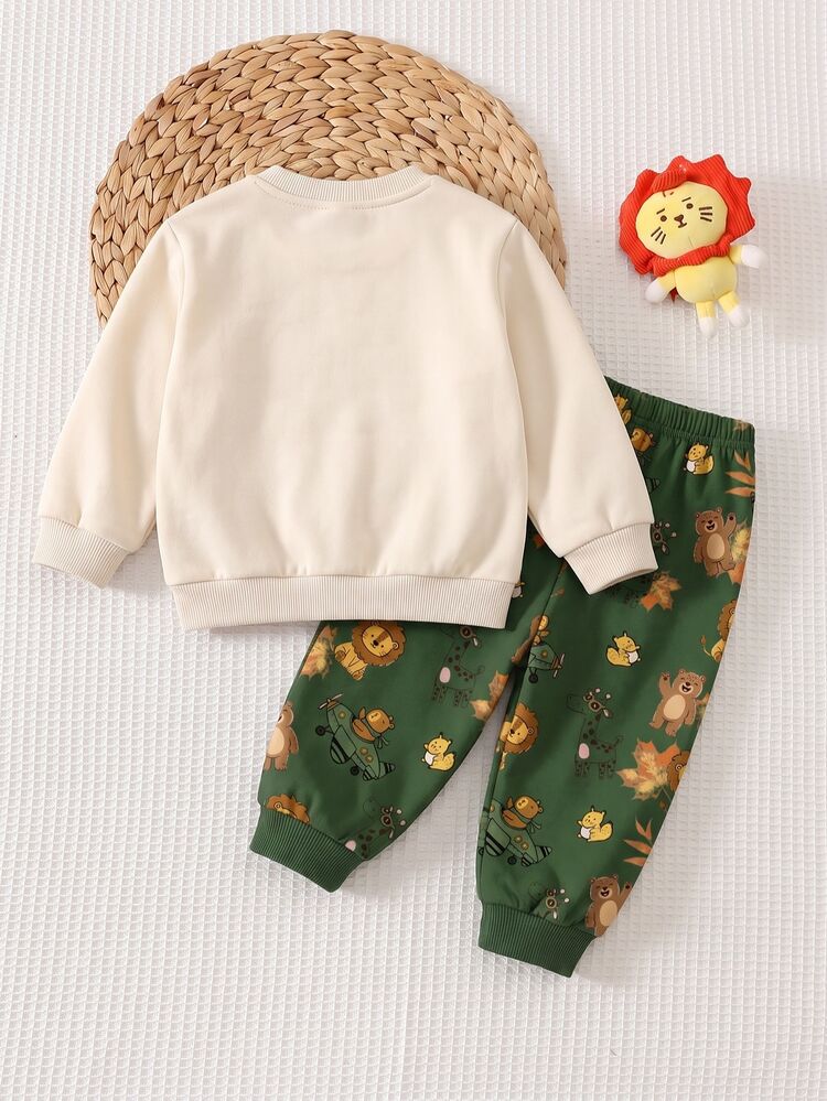 Infant Toddler Round Neck Casual Comfortable Set, Classic Cute Animal Patrol Car Print, Classic Cartoon Hand-Drawn Animals, Leopard, Tiger, Giraffe, Off-Road Car Print, Suitable For Autumn/Winter - Multicolor - View 4