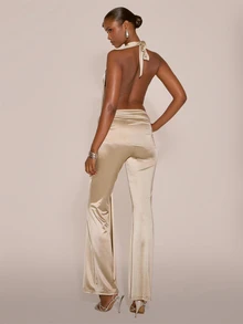 MUSERA Slinky Metallic Golden V Plunge Bust Ruched Waist Fitted Flare Jumpsuit Sexy Evening Night Going Out Fall Winter Autumn Solitude - Khaki - View 4