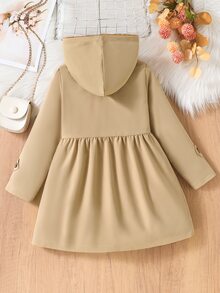 SHEIN Elladie kids 女童冬季外套，海軍藍馬刺繡圖案，保暖內裡，連帽，雙排扣，時尚夾克，適合休閒日常穿著與校園風格 - 卡其色 - 查看 2